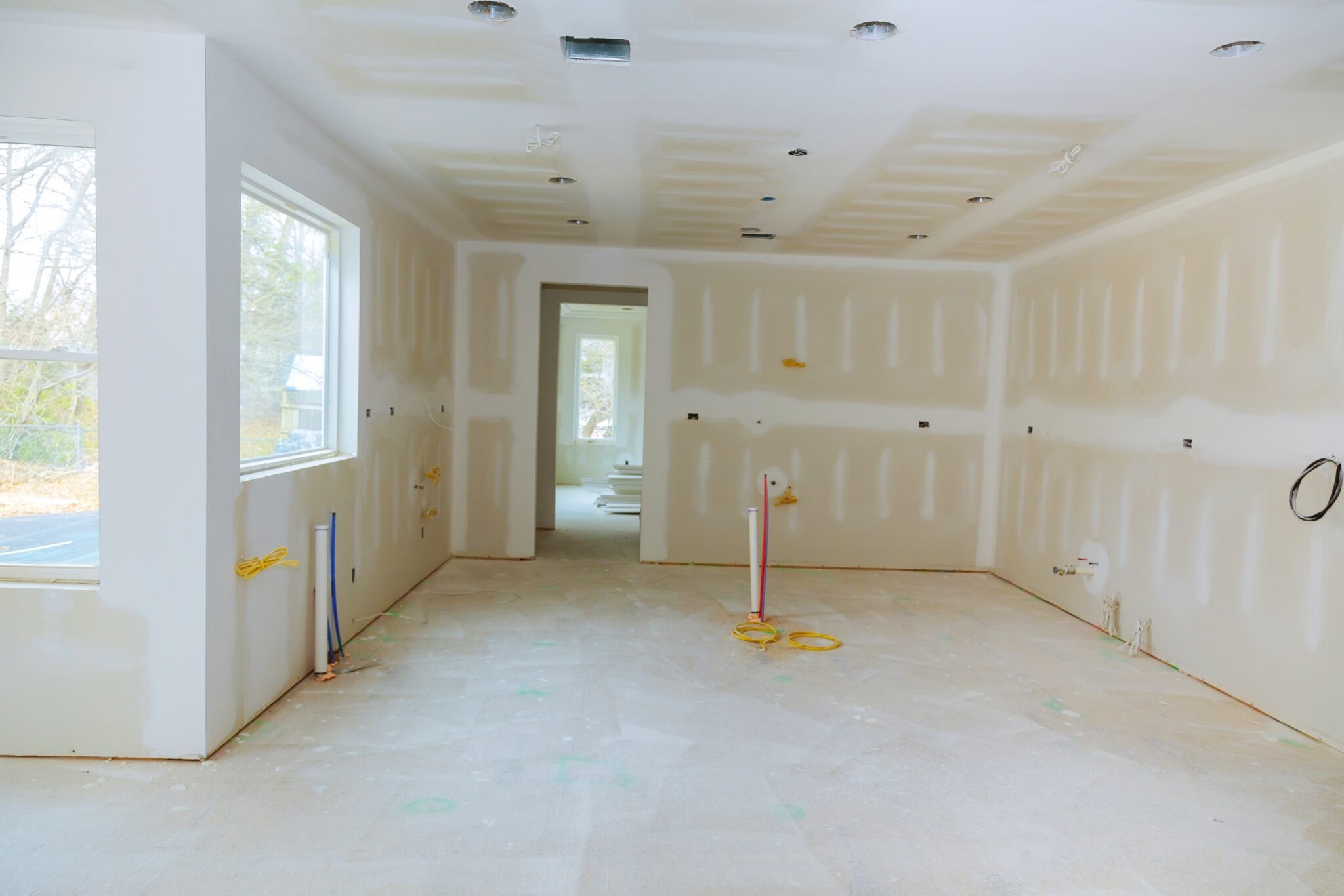 Construction building industry new home construction interior drywall and finish details Light white room and window